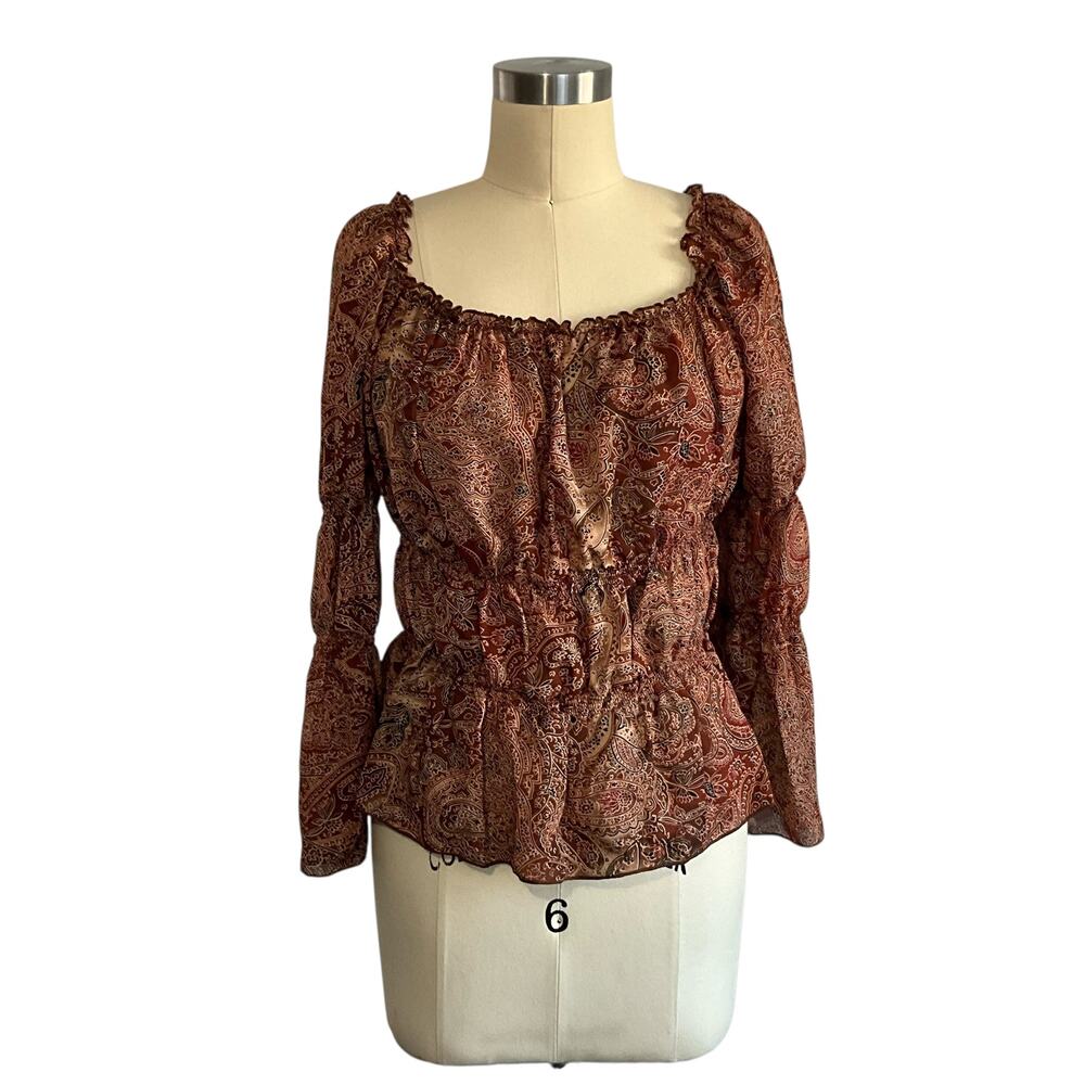Retro Brown Paisley Stretch Blouse: 90s, Y2K, Modern